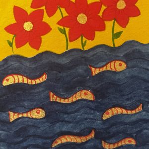 Red flowers with gold fish