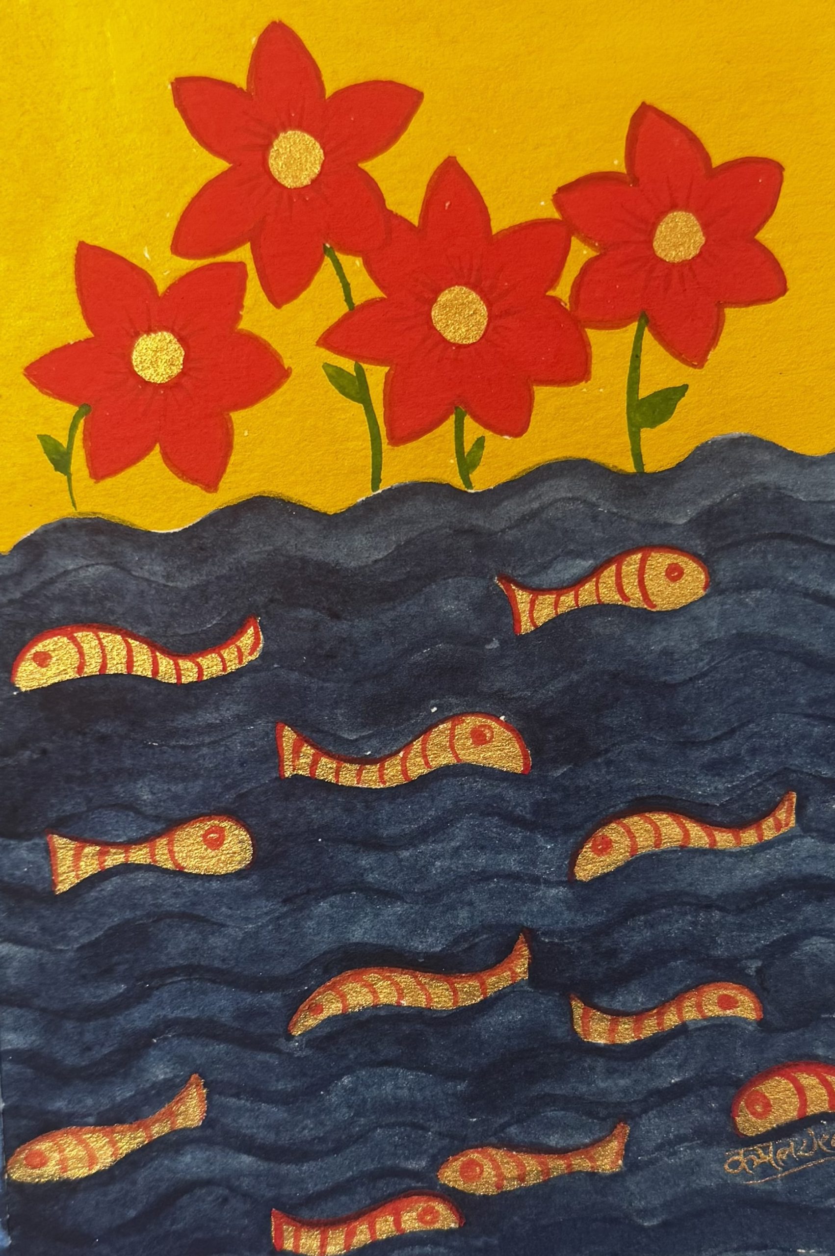 Red flowers with gold fish