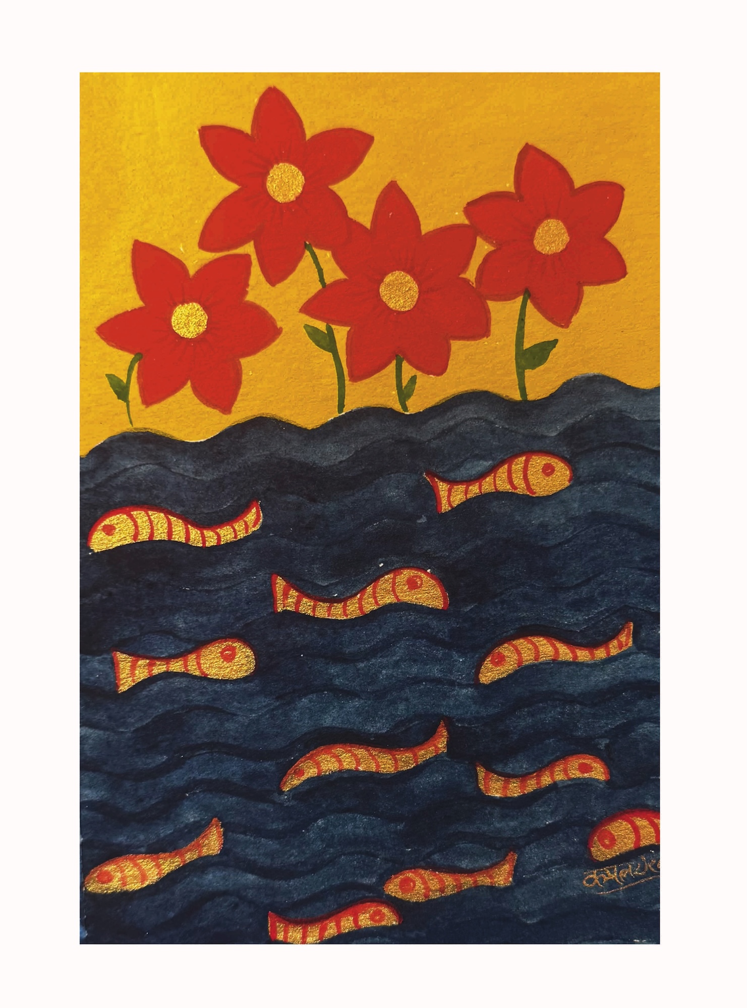 Red flowers with gold fish - Image 2